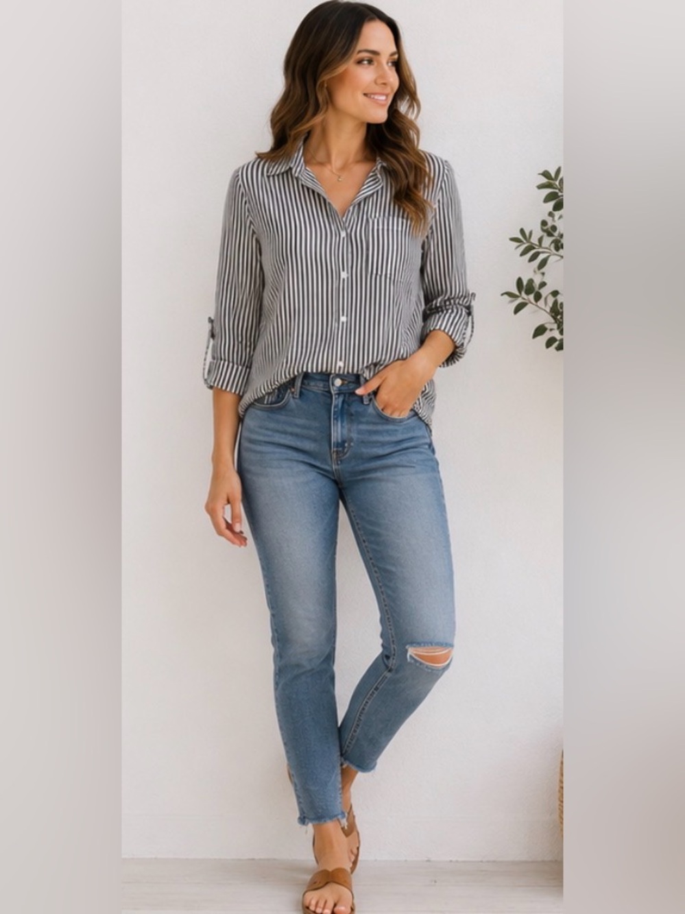284 Sanctuary Striped Button Down Shirt XS Black White Lightweight Roll Career